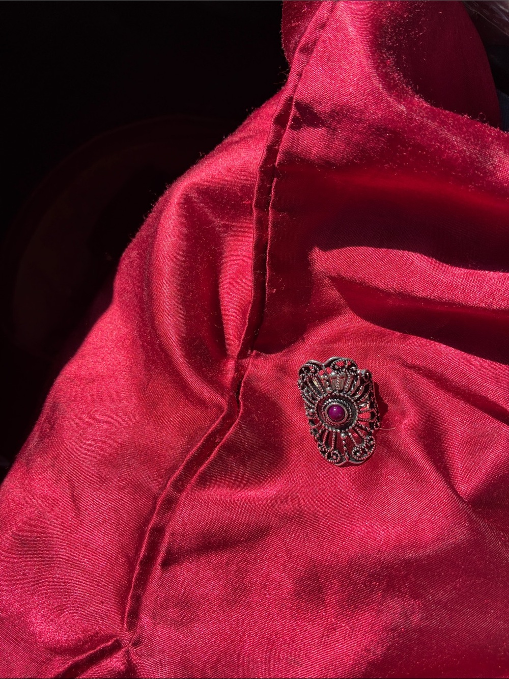Women’s Red Satin Jacket with Decorative Brooch
